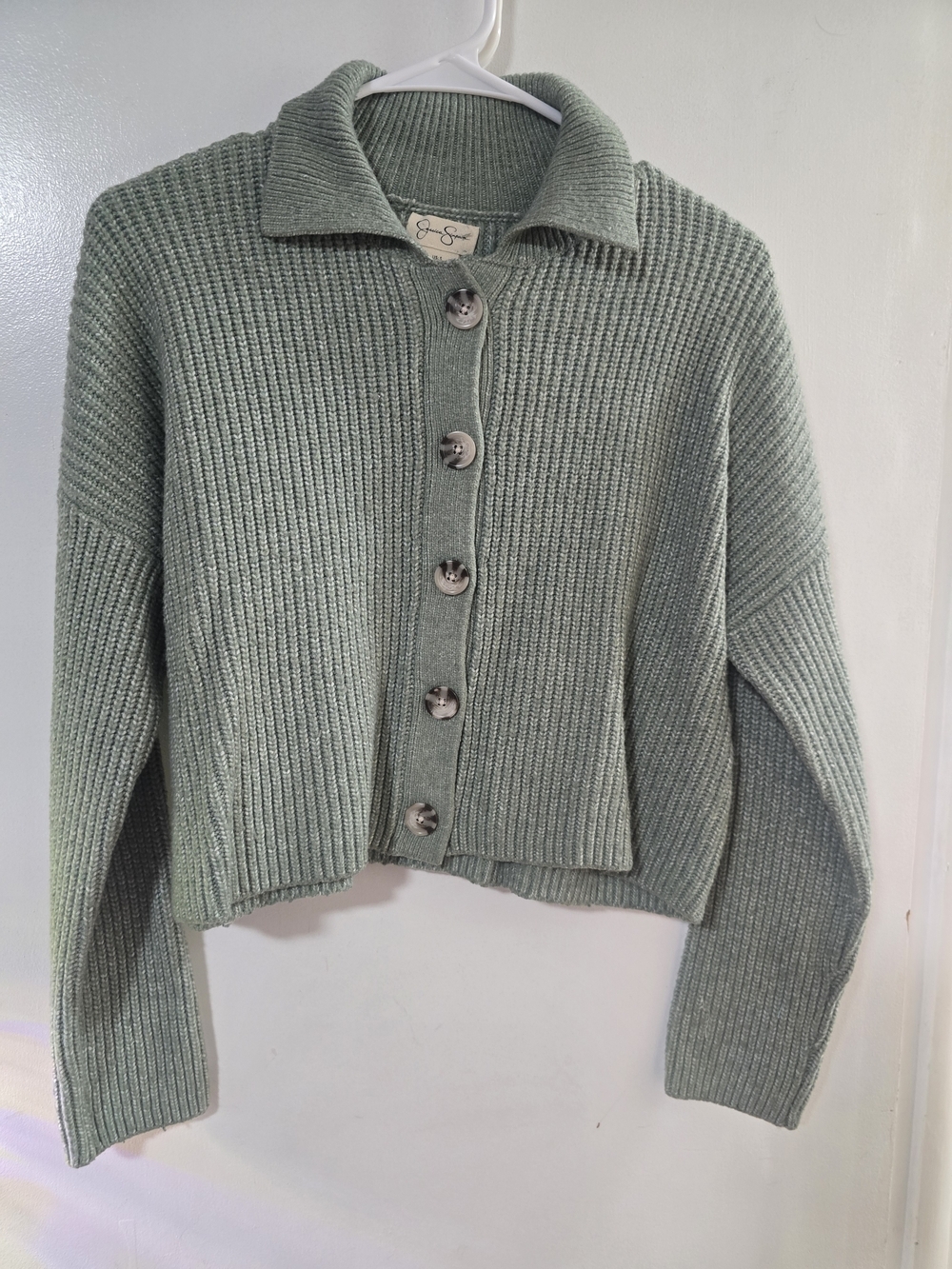 Jessica Simpson Cropped Cardigan Sage Green Ribbed Button Front Sweater Womens